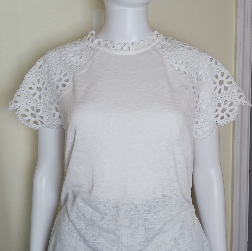 Women's White Eyelet Flutter Sleeve Tee - Unbranded